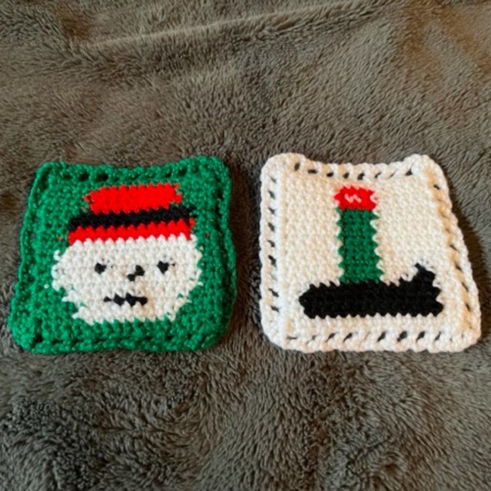 Handmade Crocheted Christmas Coasters Set of 2 Candle & Snowman Holiday Decor